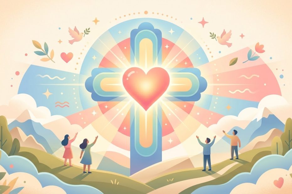 La Croix Signe d’Amour - une grande croix stylisée dont le centre irradie un cœur lumineux